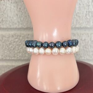 Set of 2 Genuine 8mm Steel Blue & Cream Dyed Pearl Stretch Bracelets 6.5" - 7.5"